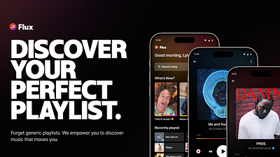 Flux: Discover Your Perfect Playlist app branding figma graphic design logo mobile motion graphics music neon song app ui