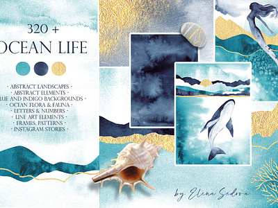 OCEAN LIFE. Landscape Creator Kit abstract abstract backgrounds blue watercolor branding gold elements gold frame gold texture hand painted texture illustration indigo watercolor neutral background poster texture watercolor watercolor background wedding wedding invitation