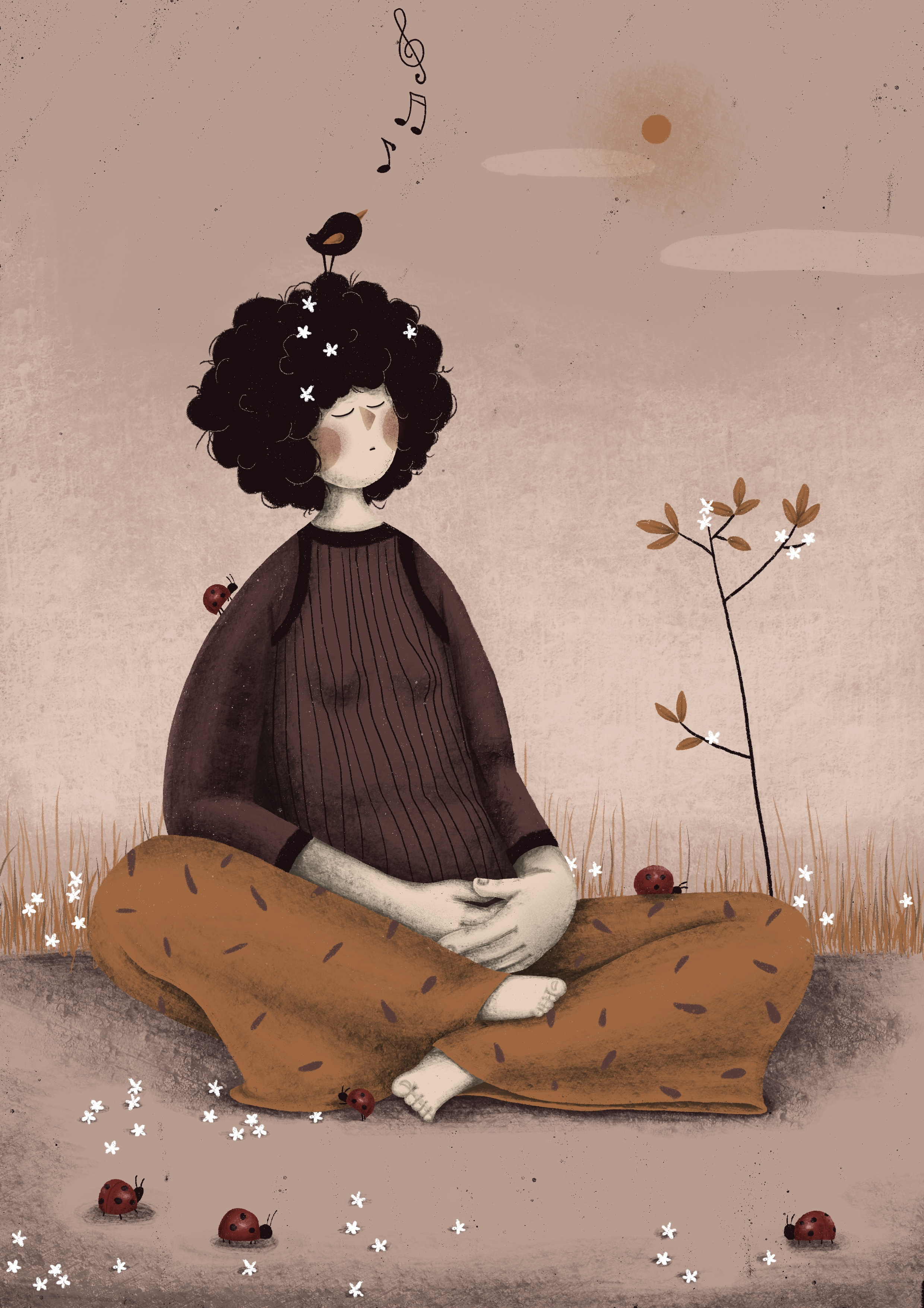 Inside Out artwork birdie chill female artist girl girl meditating illustration lady bug love me time meditate in the nature meditation meditation illustration nature positive vibes relax spring flowers