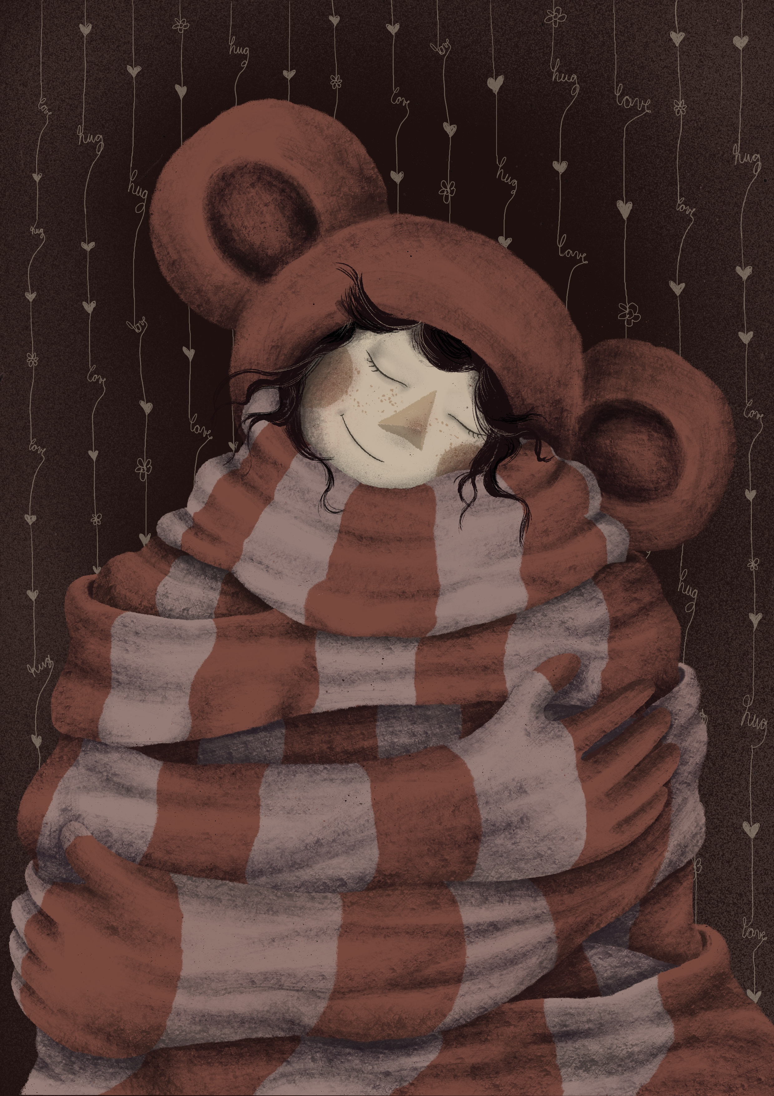 Bear Hug artwork bear hug bear hug illustration chill cozy blanket cozy love female artist girl hearts illustration love me time positive psychology positive vibes self love wallpaper warm blanket