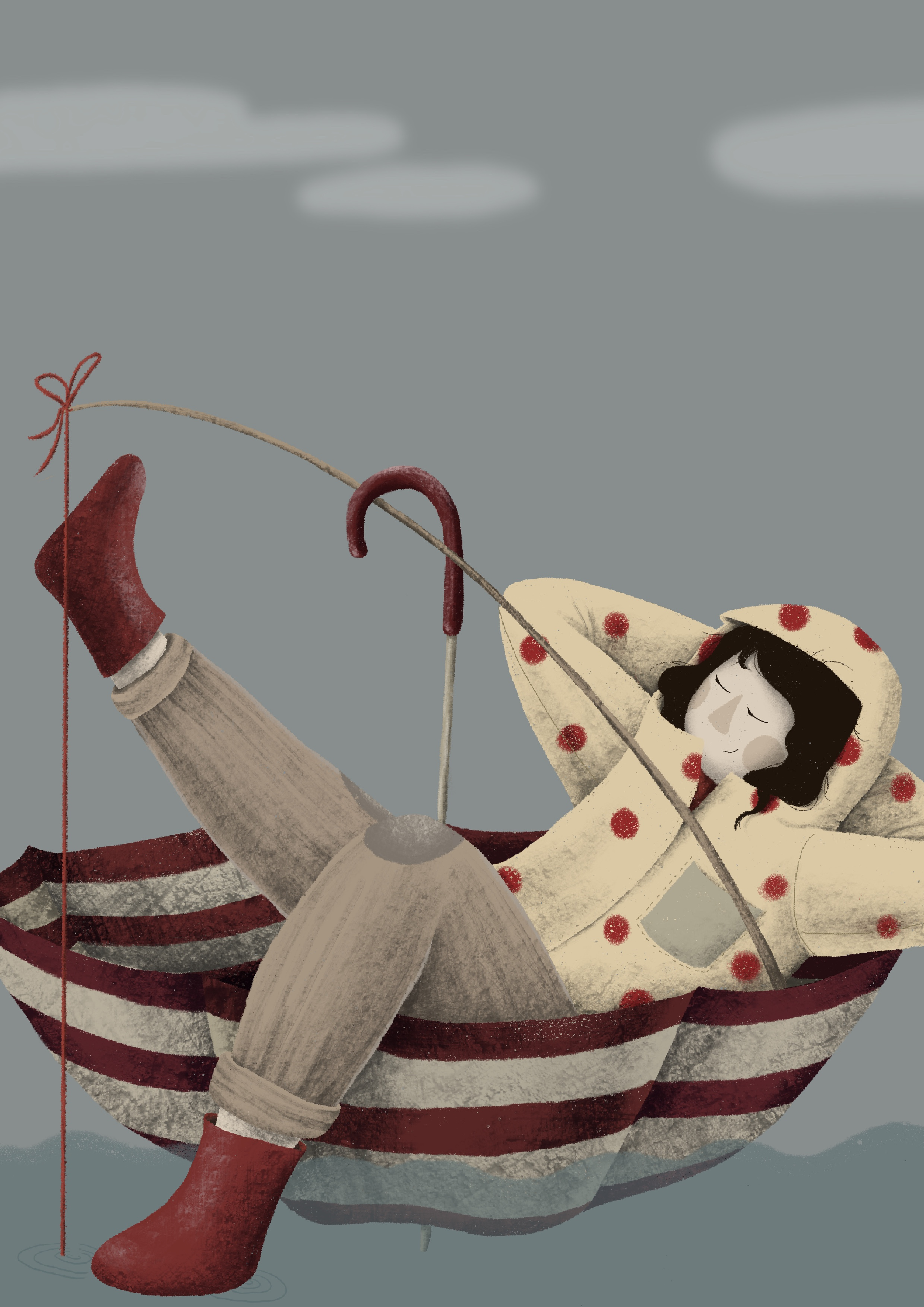 Happiness is a State of Mind artwork boat chill female artist fishing for happiness girl girl in a boat happiness happiness is a state of mind illustration in the rain love me time rain red dots shift perspective think positive umbrella yellow jacket