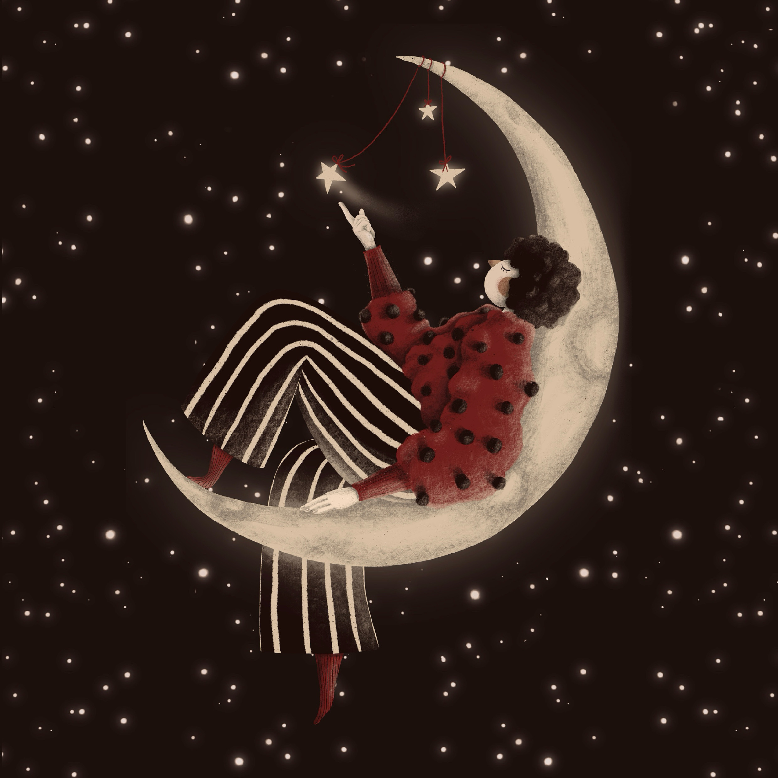 Catch a Falling Star artwork catch a falling star chill chilling female artist girl illustration love me time moon night play with moon play with stars positive psychology self love stars warm sweater