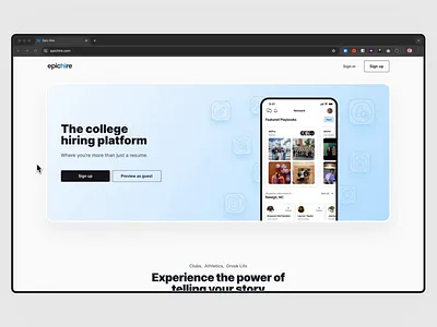 Epic Hire landing page app branding college design framer graphic design ui web web design website website design