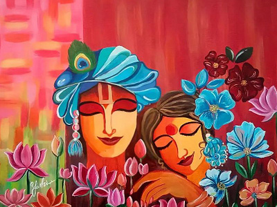 Divine Blossoms art colorfulpainting graphic design indian indianart krishna radha radhakrishna