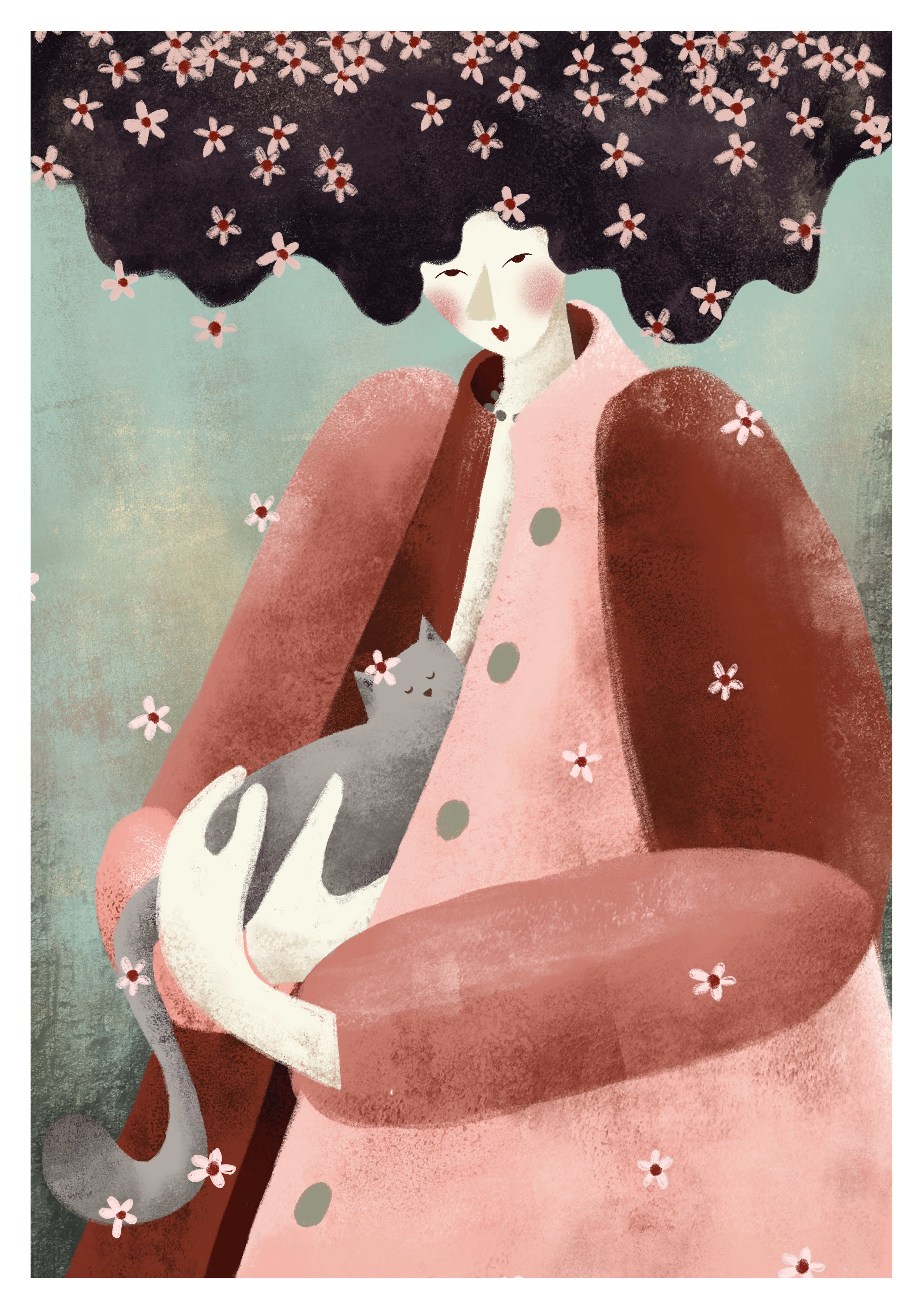 Betsy with Catsy artwork bloom cat cat person digital artwork drawing female artist flowers gi girl illustration love love cats love pets me and my cat me and my pet pet portrait illustration spring tree