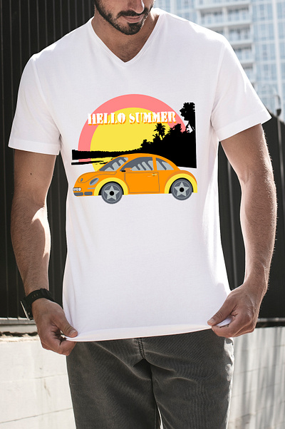 T-shirt "Hello summer". beach car clothing design graphic design hello mantshort oldcar orange orangecar palm party red retrocar sea seabeach summer sun t shirtdesign yellow