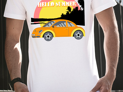 T-shirt "Hello summer". beach car clothing design graphic design hello mantshort oldcar orange orangecar palm party red retrocar sea seabeach summer sun t shirtdesign yellow