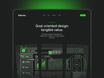Hakuna Web Design - Case Study agency company darkmode green illustration neon studio tech ui uidesign ux uxdesign web website wireframes