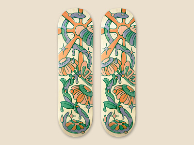 Serpent & the Sun Skate Deck Design butterfly flower nienowbrand shine skate brand skate deck design skateboard design snake design star sun design sunshine