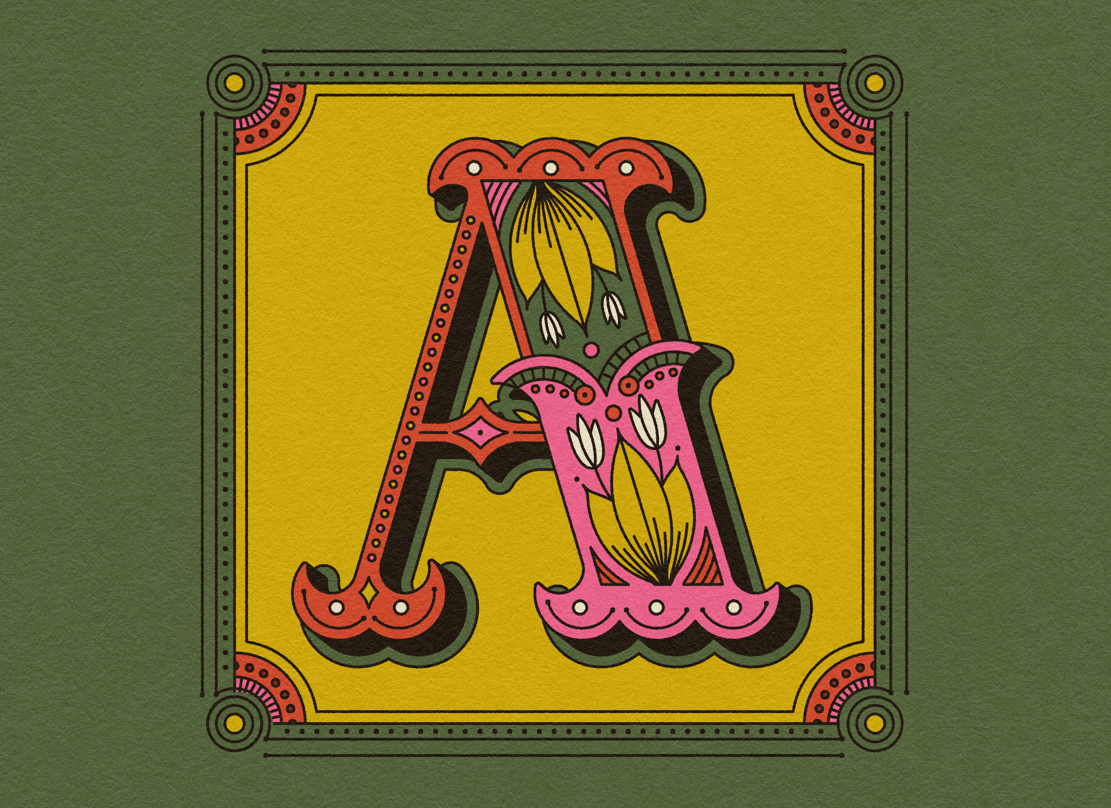 Big A a campy decoration detail dropcap green illustration letter lettering pink texture typography