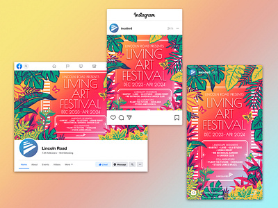 'Living Art' Festival in Lincoln Road art deco font art festival botanical illustration flora and fauna flowers graphic design hand drawn illustration illustration plants rainbow colors social media assets social media post social media templates tropical design