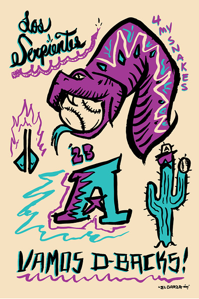 Los Serpientes Poster 90s baseball cactus design hand drawn hand lettering illustration poster posterdesign snakes southwest sports vintage