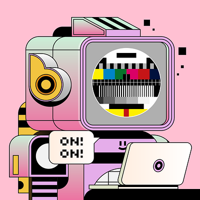 Technicolor Robot character design digital ethereum icon illustration laptop minimal nft on pink retro robot tech television tv vector volume