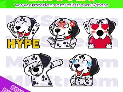 Twitch emotes dalmatian dog hype, dab, rage, love & laugh pack animated emotes anime cute dab dabing dalmatian dalmatian dog dalmatian emotes design discord emotes dog dog emotes emotes hype illustration laugh love rage sub badge twitch emotes