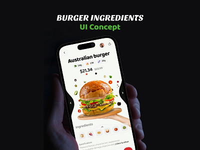 Burger 🍔 Ingredients View UI Design Concept 3d adobe photoshop animation app behance branding burger design figma graphic design illustration logo mobileapllication motion graphics ui uiconcepts uiux youtube