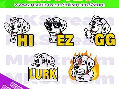 Twitch emotes dalmatian dog lurk, hi, gg, ez & rage pack animated emotes anime cute dalmatian dalmatian dog dalmatian emotes design discord emotes dog dog emotes emote emotes ez gg illustration lurk rage sub badge twitch emotes waving