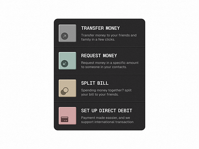 Payment Menu in Tile Button 🎛 banking button clean design finance fintech icon illustration interface menu minimal money more payment simple split bill tile transfer ui wallet