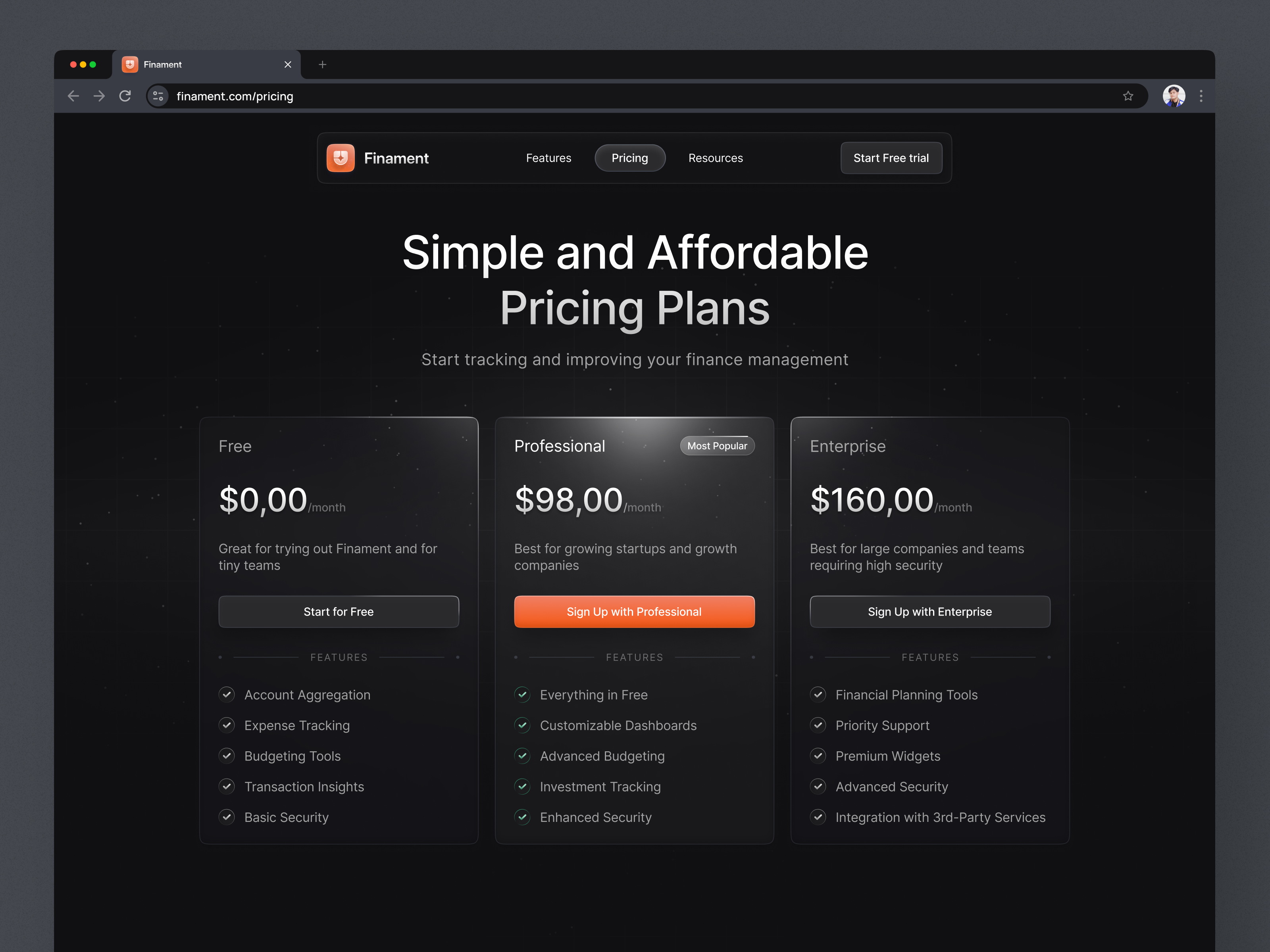 Pricing Page - SaaS Finance Website clean darkmode design finance management finance platform fintech fintech platform inner page landing page minimalist price pricing card pricing page pricing plan pricing section saas saas website ui ux web design