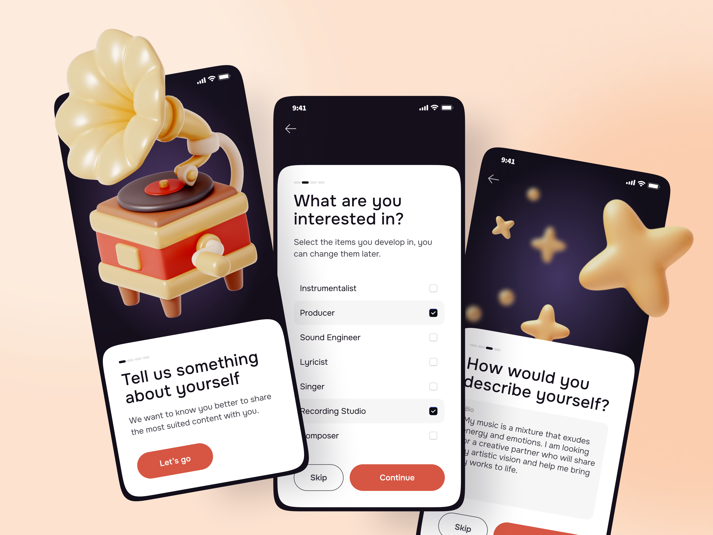 Example of Musicians app - Onboarding & Profile Customization
