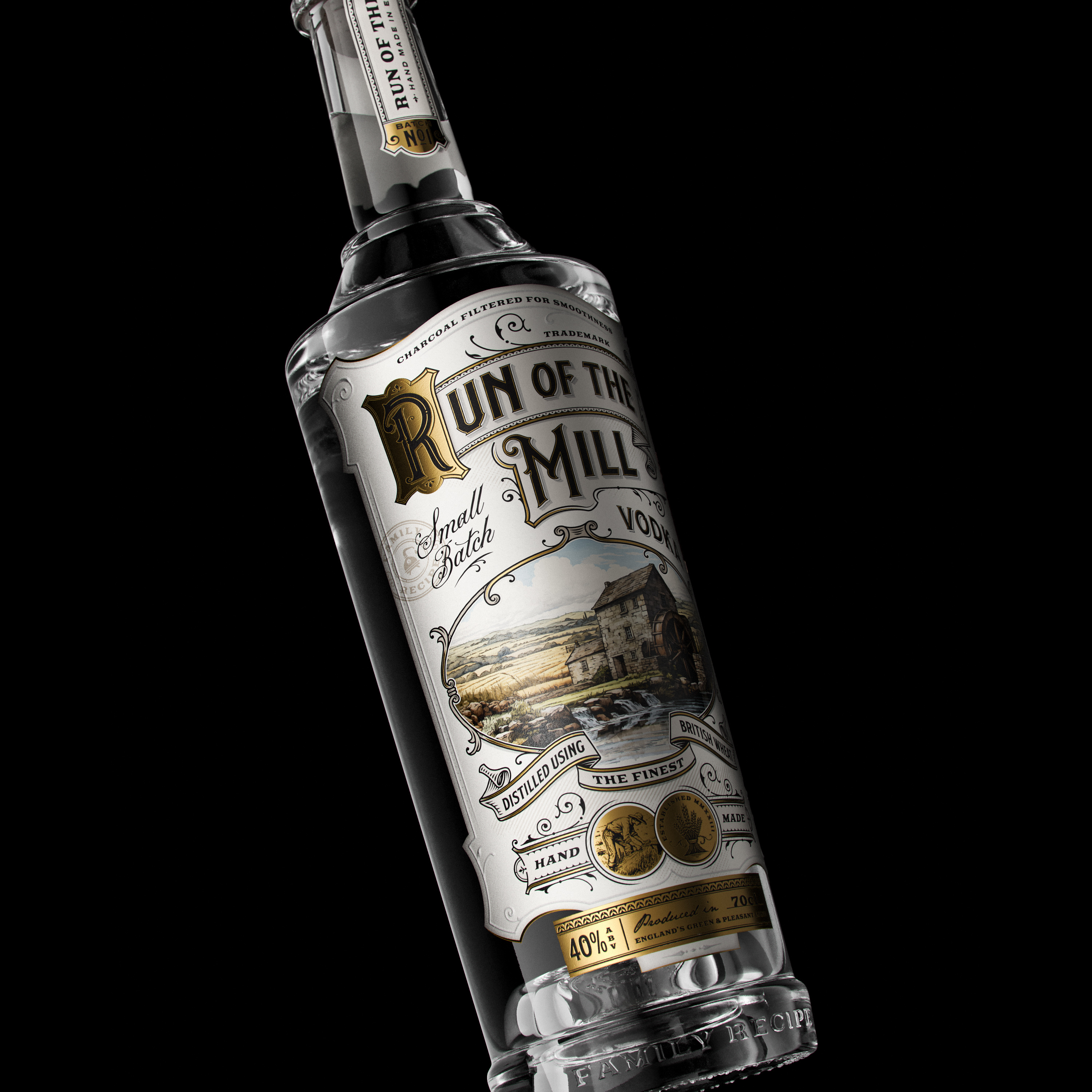 Run of the Mill brand identity branding distillery graphic design illustration label label design logo logo design packaging packaging design typography victorian vintage vodka