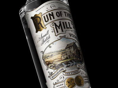 Run of the Mill brand identity branding distillery graphic design illustration label label design logo logo design packaging packaging design typography victorian vintage vodka