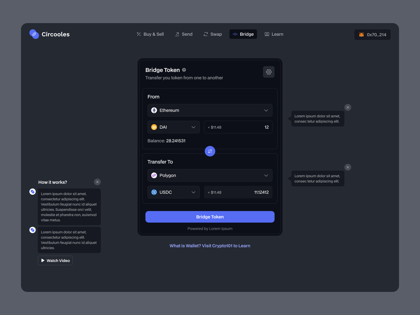 Bridge Token Page bitcoin bridge bridge token clean coin crypto cryptocurrency dark mode dark theme dashboard token ui uidesign uidesigner uiux uiuxdesign userinterface web app web3