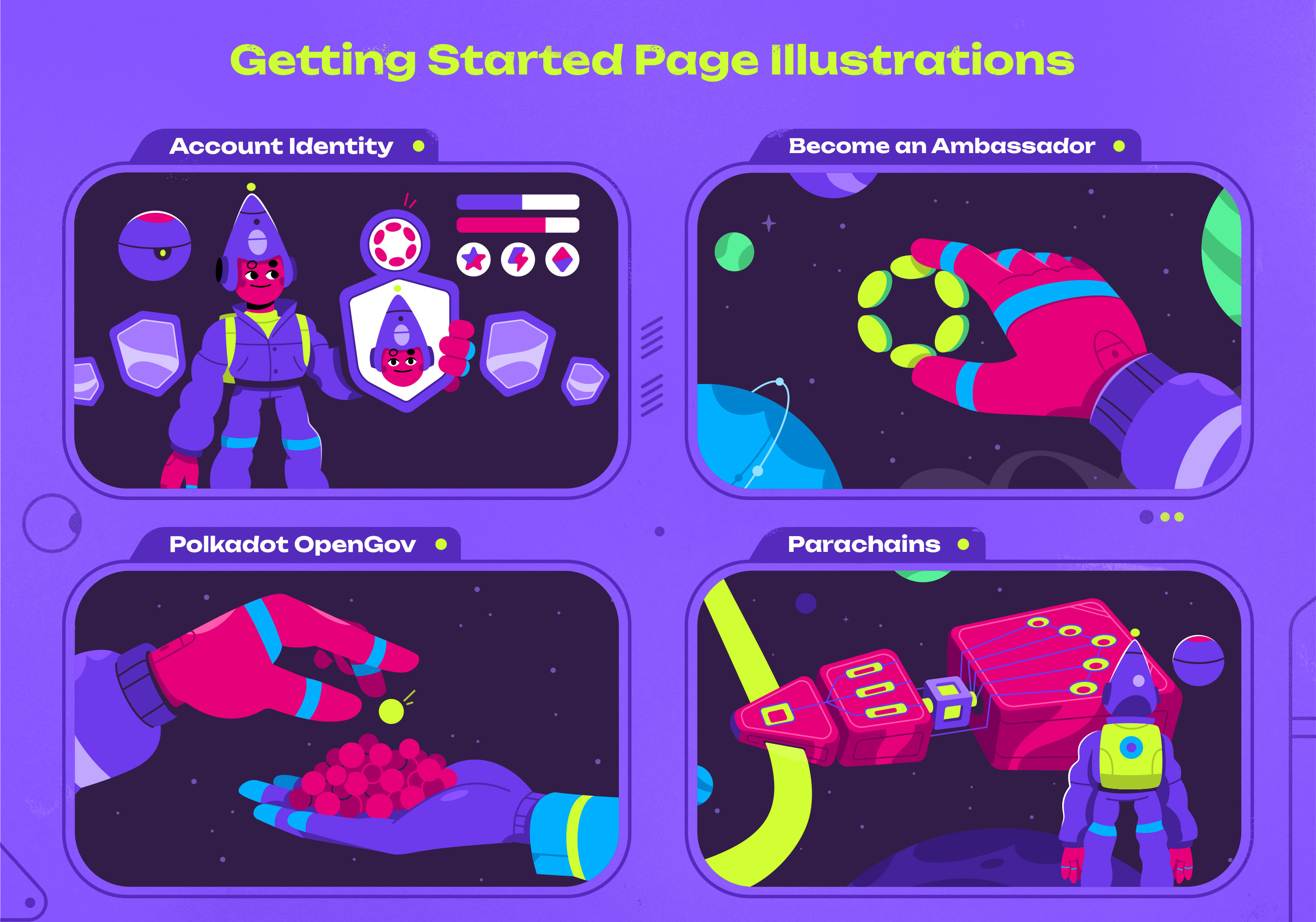 Polkadot Wiki illustrations art branding character crypto design futuristic getting started illustration illustrator onboarding polkadot space tech vector web3