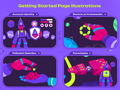 Polkadot Wiki illustrations art branding character crypto design futuristic getting started illustration illustrator onboarding polkadot space tech vector web3