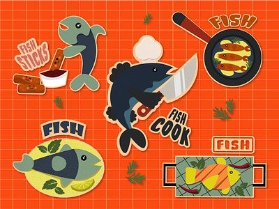 Cooking fish stickers 2d animation branding design fish dishes graphic design illustration illyustratsiya illustration logo sticker ui ux vector
