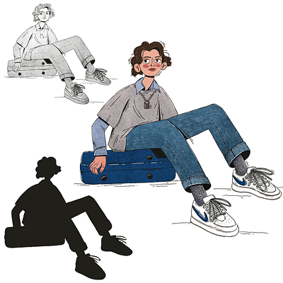 Guy on a suitcase character design digital drawing fashion illustration lineart people illustration portrait poses procreate street fashion