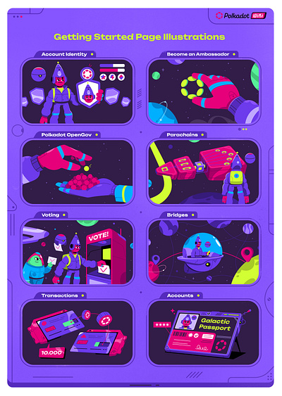 Polkadot Wiki Illustrations art branding character crypto design futuristic getting started illustration illustrator onboarding planets polkadot space tech vector visual identity web3