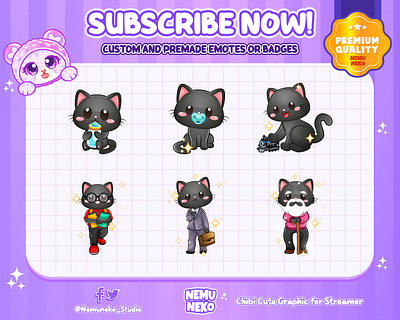 🐈‍⬛Custom Cat Badges or Sub Badges🐈‍⬛ animation branding chibi emotes cute emotes design graphic design illustration logo twitch emotes