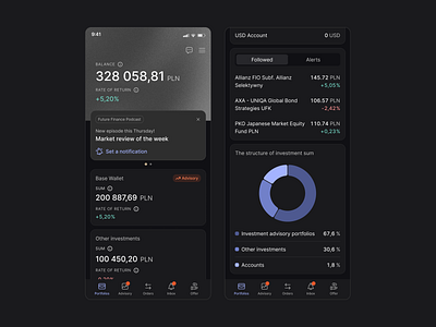 Investment App Dashboard charts dark mode mobile dashboard finance fintech investment app mobile app mobile chart mobile ui ui