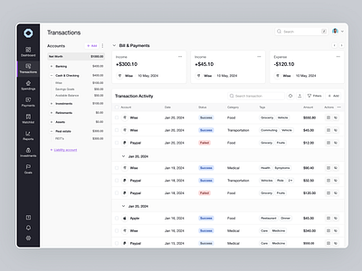 Financial Dashboard - Transaction b2c banking dashboard financiall money payment product saas transaction ui ux