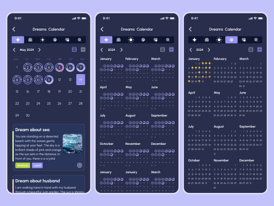 Lucidity - Analyze Dreams Calendar UI/UX Mobile App calendar dark design dream emotion figma iosapp lifestyle lucid mobile app design mobile ui ui uiuxdesign wheel