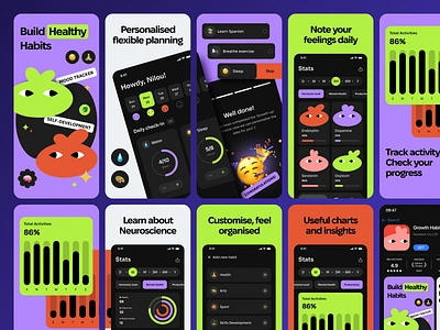 App Store Screenshots for Habit Tracker 2d app store app store screenshots aso branding colorful concept gamification graphic design habit tracker healthcare illustration mental health mobile app mockup product design saas ui design ux design vector