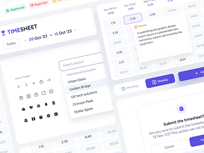 Timesheet App // Components, Colors & Typography button button states components dashboard design style figjam figma iconstyle listview modal saas success table tags timesheet timetracking typography ui ux ux research