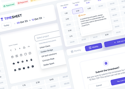 Timesheet App // Components, Colors & Typography button button states components dashboard design style figjam figma iconstyle listview modal saas success table tags timesheet timetracking typography ui ux ux research