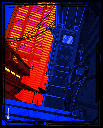 •0-15• Midnight Exhale cat city concept art cyberpunk cyborg digital art digital painting dystopia mecha mechanic robot