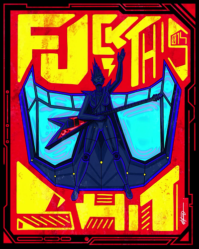 •0-14• Elektra Frost artist concept art cyberpunk cyborg digital art digital painting dystopia entertainer guitar mecha mechanic robot singer