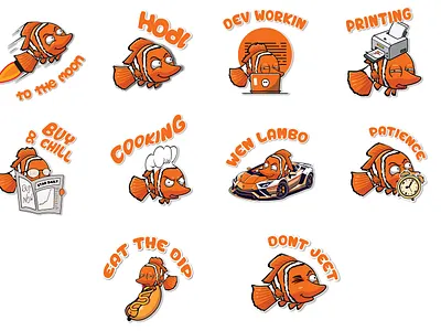 NEMO TG sticker pack for crypto project. Static works branding crpyto tg stickers crypto crypto stickers fish stickers graphic design nemo pepe arts pepe meme stickers telegram stickers