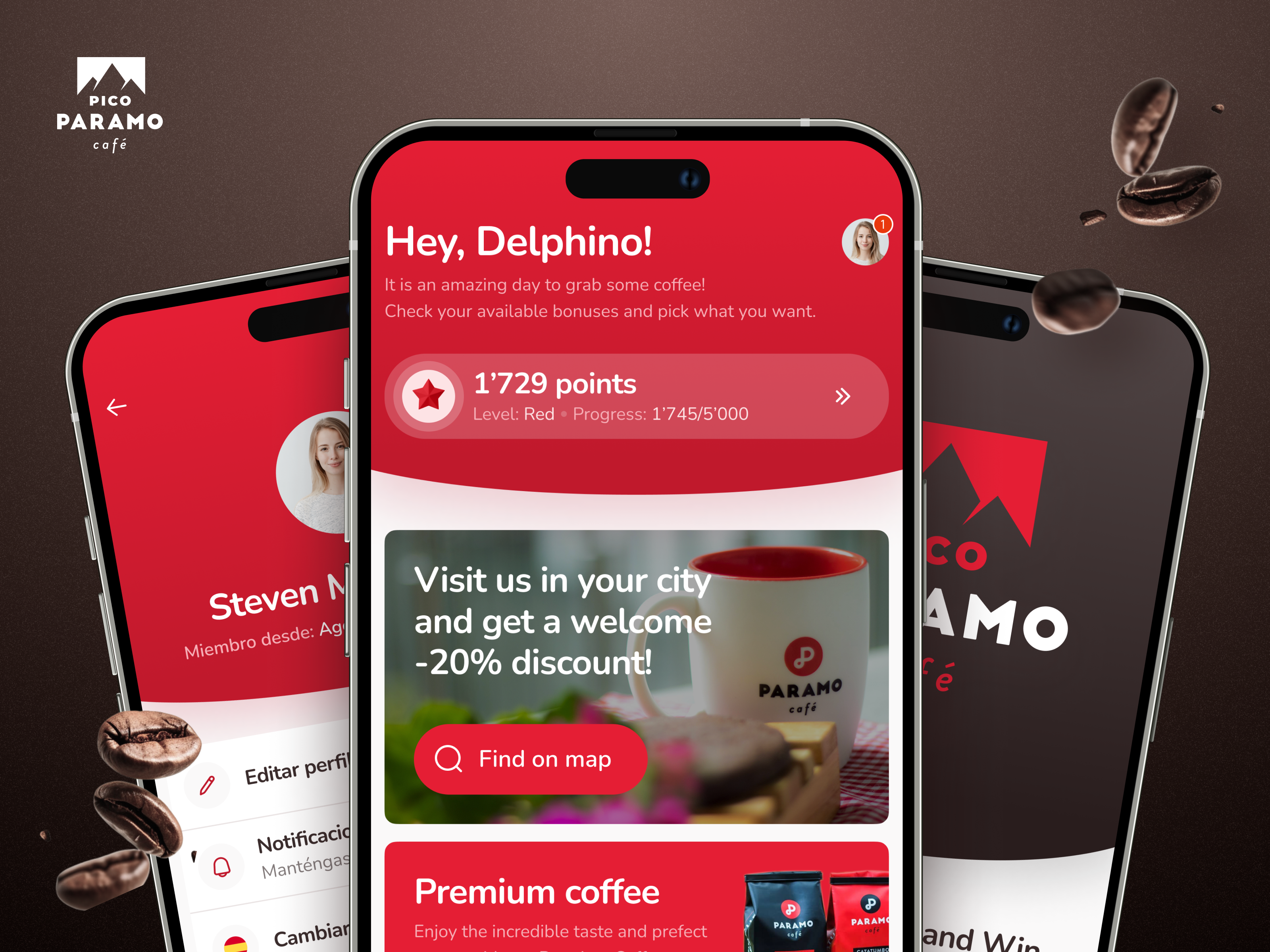 Example of Paramo. Mobile app design for a chain of coffee shops