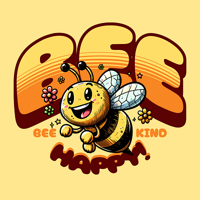 Bee Happy! adorable bee cartoon cute design funny happy kittl pop culture positive vibes positivity print on demand printondemand t shirt t shirt design tshirt tshirtdesign