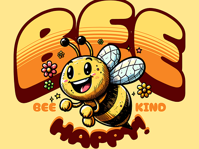 Bee Happy! adorable bee cartoon cute design funny happy kittl pop culture positive vibes positivity print on demand printondemand t shirt t shirt design tshirt tshirtdesign