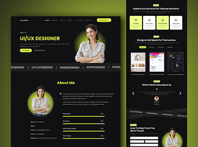 Personal Portfolio Landing Page Design about us agency contact us dark theme homepage landing landing page minimal personal modren personal portfolio personal portfolio website portfolio portfolio website services sleek testimonials ui ui design ux web design