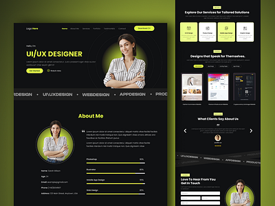Personal Portfolio Landing Page Design about us agency contact us dark theme homepage landing landing page minimal personal modren personal portfolio personal portfolio website portfolio portfolio website services sleek testimonials ui ui design ux web design