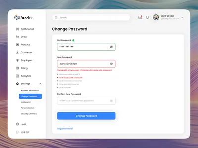 Change password UI - Puzzler SaaS accessibility authetication best dribbble shot 2024 change password clean minimal design inspiration figma forgot password password password settings product design reset password saas security set new password trend ui userexperience ux design webdesign