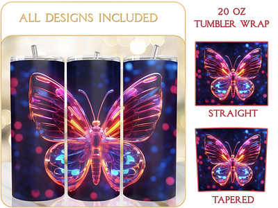 Neon Butterfly 20 Oz Tumbler Sublimation Design printable tumbler wrap design