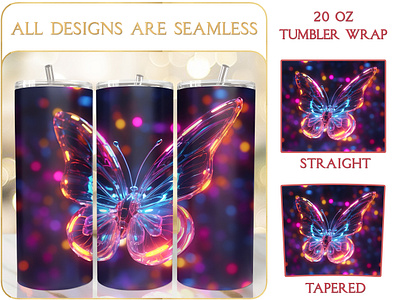 Neon Butterfly 20 Oz Tumbler Wrap Sublimation luxury seamless tumbler printable tumbler wrap design