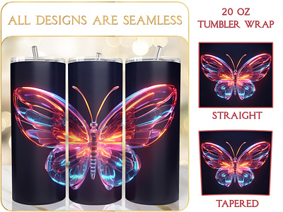 Neon Butterfly 20 Oz Tumbler Design Sublimation neon style tumbler wrap